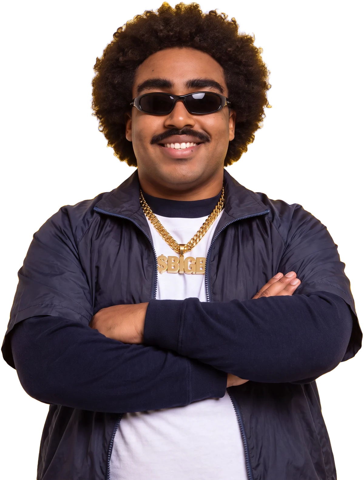 Big Bobby, smiling with arms crossed, wearing wrap sunglasses, a navy tracksuit and a gold $BIGB chain
