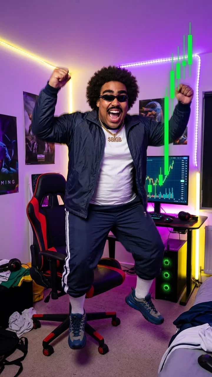Big Bobby jumping out of his gaming chair in front of a green chart